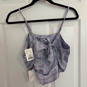 Cropped open back bandana silk top.